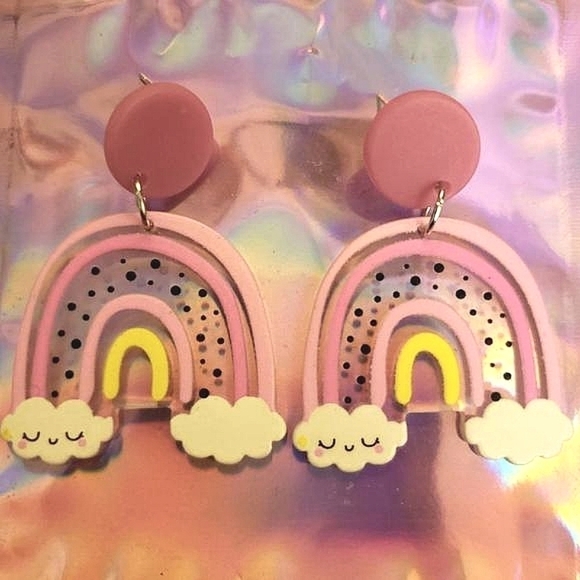 Handmade Jewelry - Handmade Plastic Pink Kawaii Rainbow Dangle Earrings